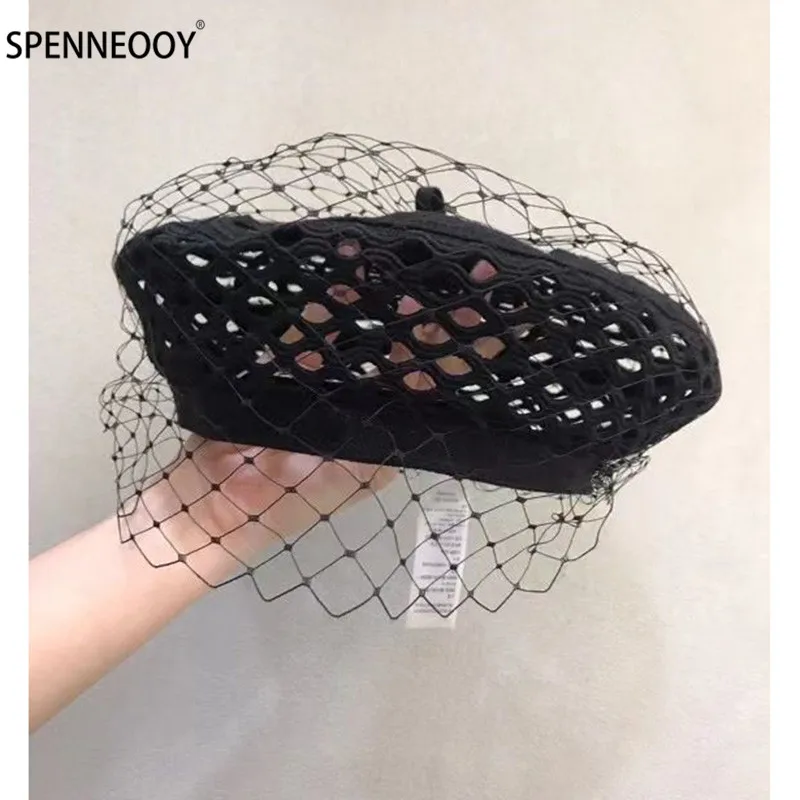 

Женский фатиновый берет SPENNEOOY, черный ажурный берет для подиума, модный аксессуар для платья на лето