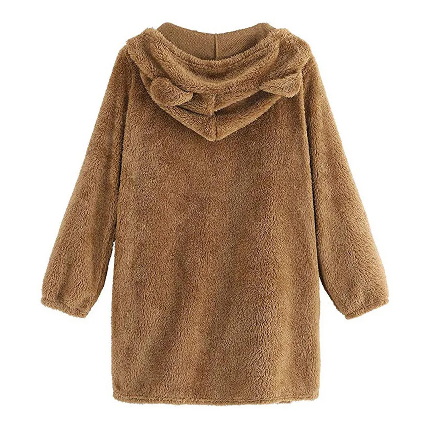 Женское плюшевое пальто с капюшоном длинным рукавом медвежьими ушками теплое