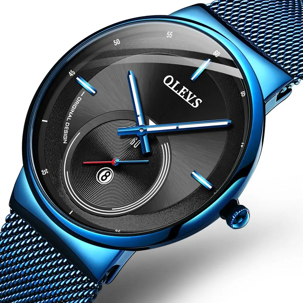 NEW OLEVS Watch Men Luxury Quartz Date Blue Dial Thin Top Brand Watches Sports Chronograph Mesh Belt Wrist Watch Man Clock - Цвет: Blue-Black Dial