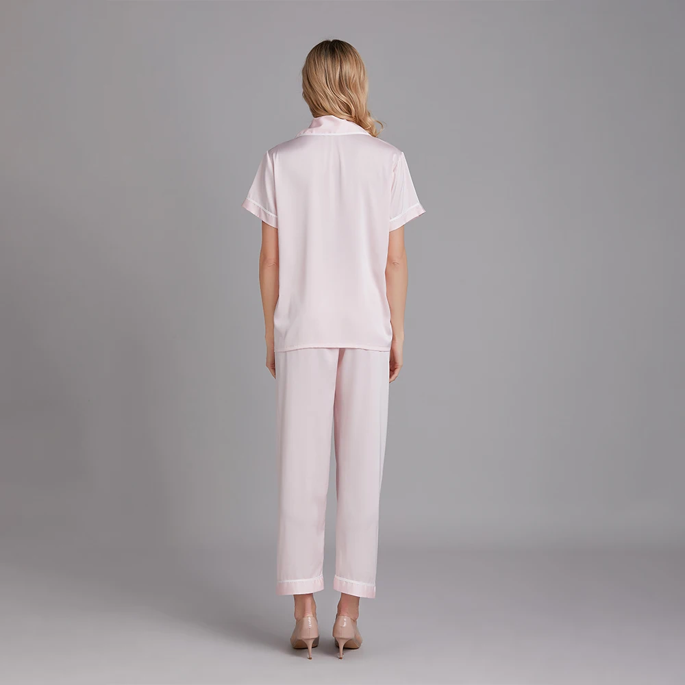 

Elegant Solid Slik Like Short Sleeve With Pants Women's Sleepwear Pajama Set G241FS008YT