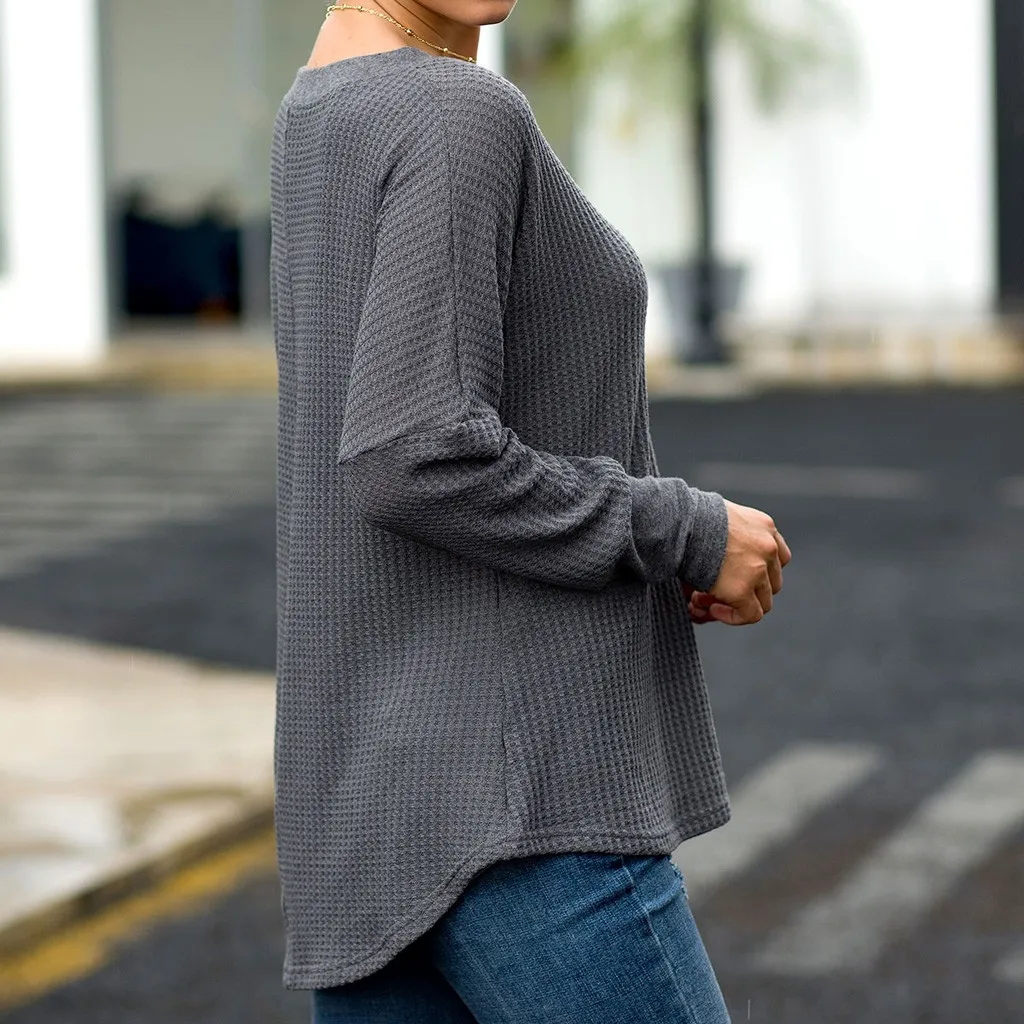 Осенний Вязаный топ с круглым вырезом и пуговицами женская одежда футболка