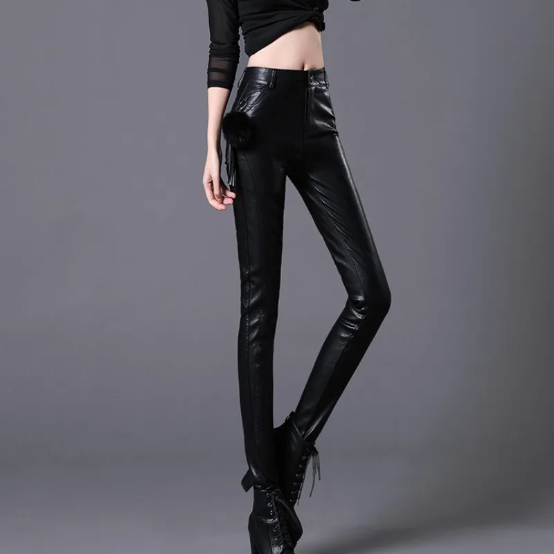 

Women Winter Fleece Lining Pencil Pants High Waist Pu Leather Pants Slim Fit Leggings Casual Punk Style Faux Leather Trousers