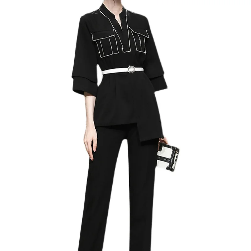 

New two-piece autumn fashion temperament black Heavy duty nail drill top Women's waist trousers office party for women suit