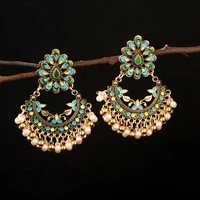 bohemia vintage color hollow earrings for women indian jewelry thailand ethnic dripping oil green flower earrings hangers