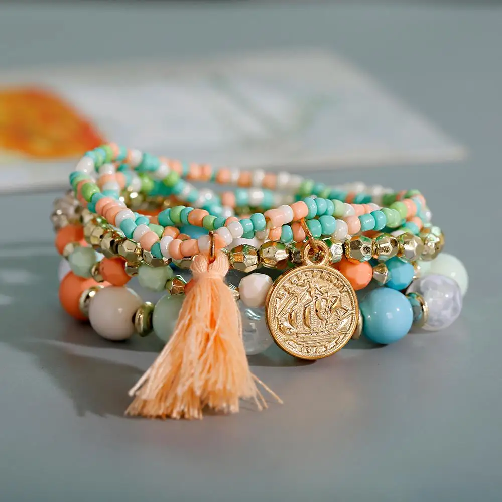 Летний богемный набор браслетов с каменными бусинами для женщин подвеска