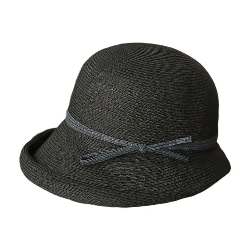

Women Hepburn Vintage Woven Sun Hat Elegant Contrast Color Bowknot Short Roll Up Brim Foldable Summer Bucket Cap