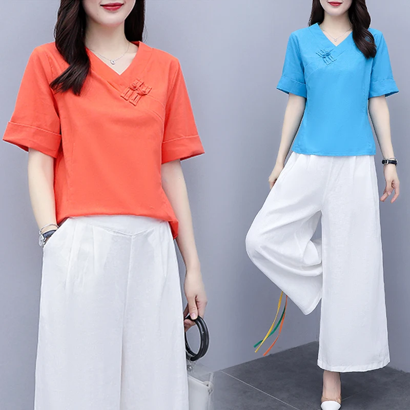 

Рубашка и брюки женские из хлопка и льна, повседневный костюм из двух предметов, лето 2020