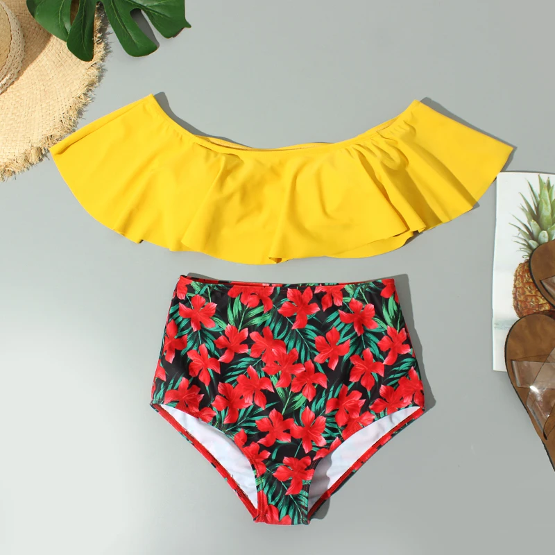 Женский купальник с высокой талией бикини оборками и цветочным принтом