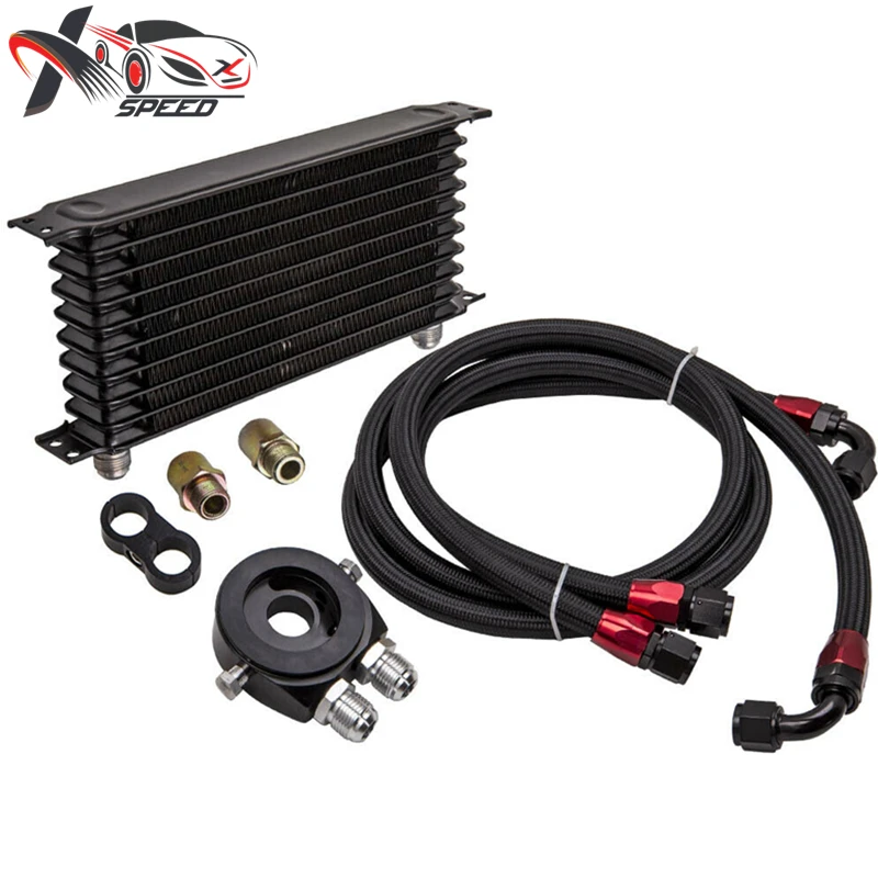 

AN10 Oil Cooelr + Sandwich Oil Adapter kit Engine Oil Radiator Universal 10 Rows Oil Cooler XX-TOL10BK-Fission-6BK
