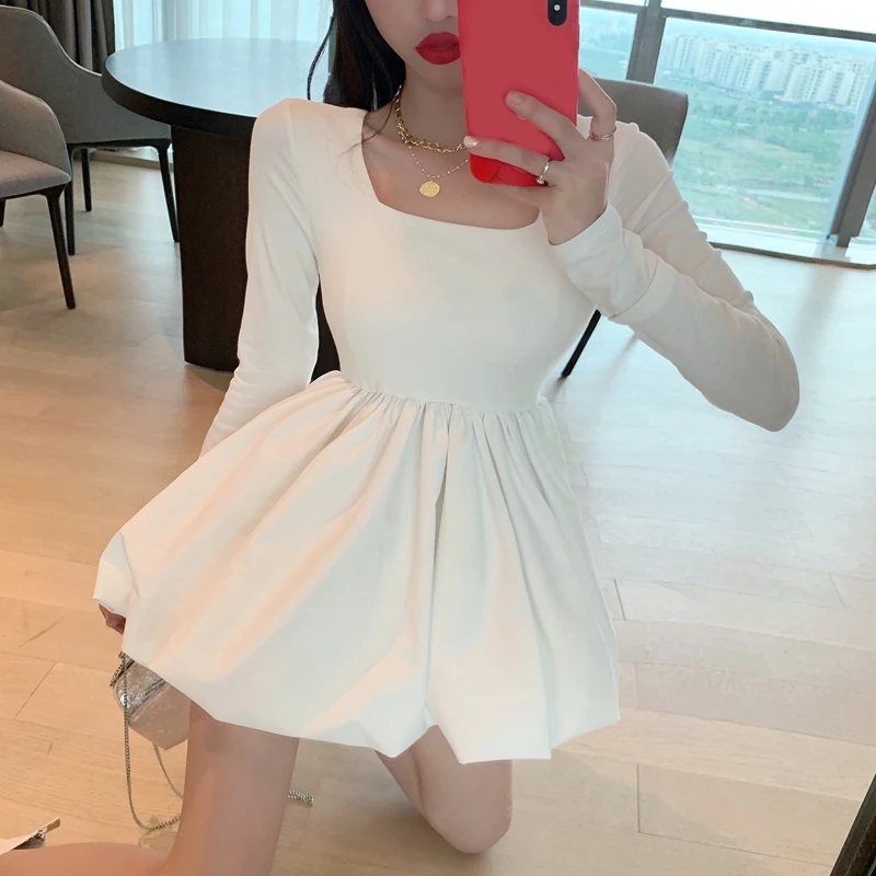 RealShe женское мини-платье с длинным рукавом и квадратным воротником однотонное