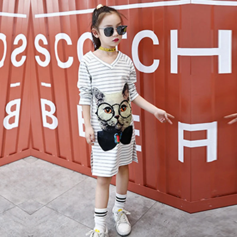 Платье для девочек 3-9 лет весенне-осеннее Полосатое с мультяшным принтом |