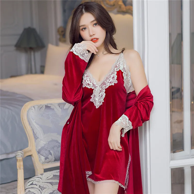 MECHCITIZ 2019 Autumn Winter Women Velvet Robe Gown Sets Sleep Lounge Pijama Ladies Nightwear Bathrobe Night Dress Pajamas | Женская