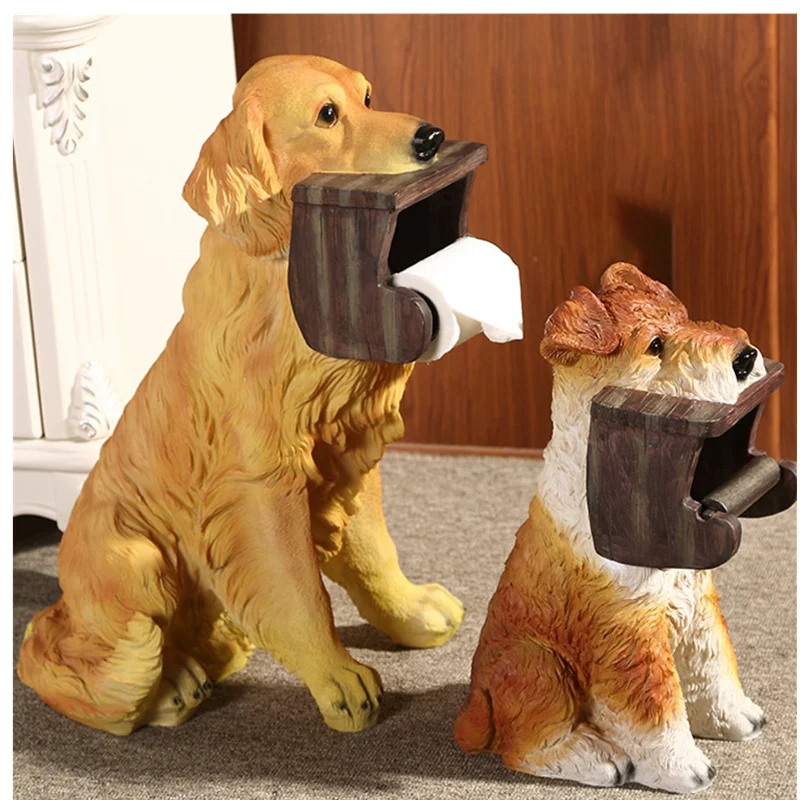 Cute Puppy Statue Simulation Animal Dog Golden Retriever Creative Tissue Box Home Bathroom Decor Roll holder Action Figure Toy | Игрушки и