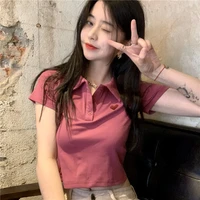high quality polo shirt 2021 summer women cute style slim heart shape embroidery sexy crop tops solid casual club slim tops