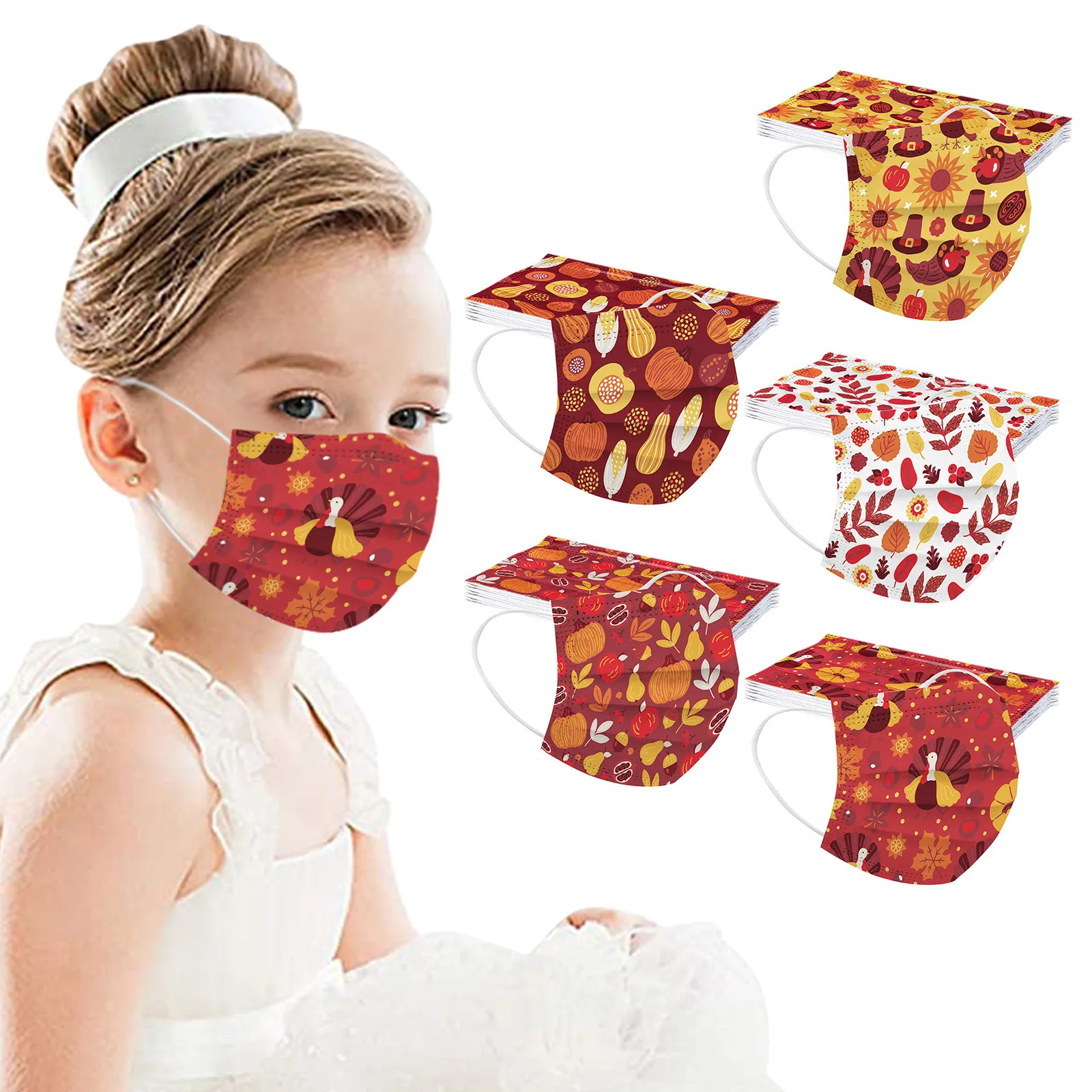 

50pc Disposable Kid Thanksgiving Print Masks For Adults 3-layer Masks Halloween Cosplay Desechables Mascarillas Masque Masks