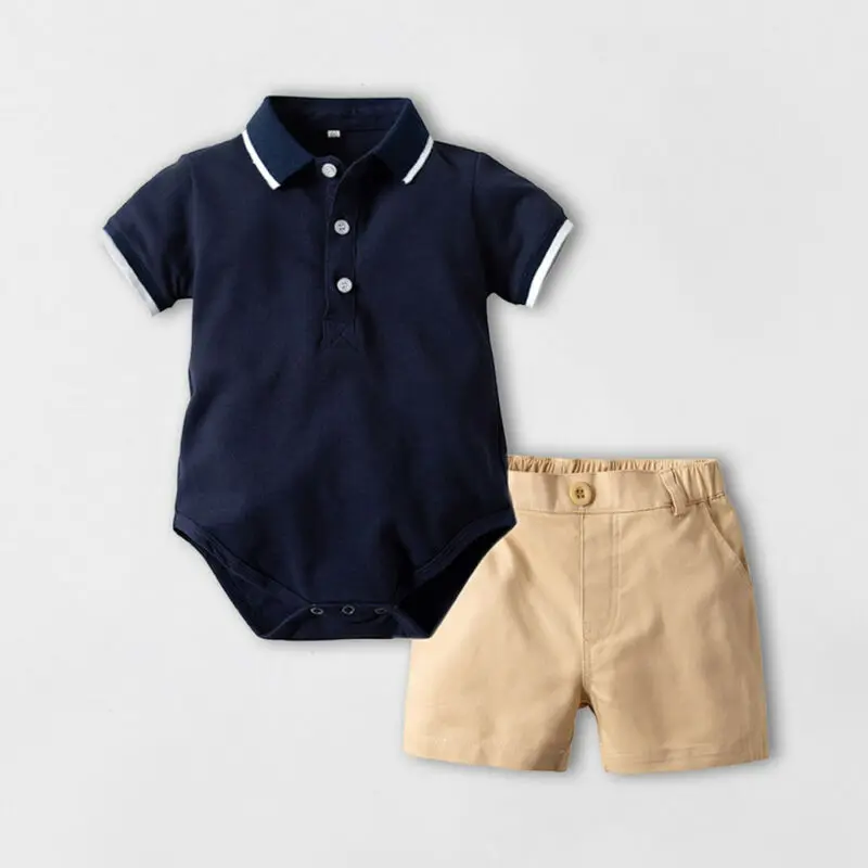 2019 Toddlr Boy Clothes 2PCS Infant Baby Short Sleevee Solid Jumpsuit Bodysuit+Pants Shorts Gentleman Outfit Set |