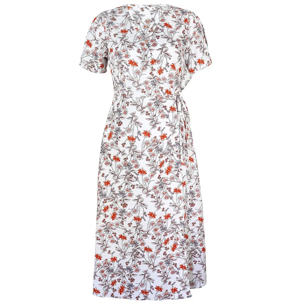 

KANCOOLD dress Fashion Women V-Neck Short Sleeve Print Cross Knot Summer Long Dress Elegant Streetwear new dress momen 2020APR14