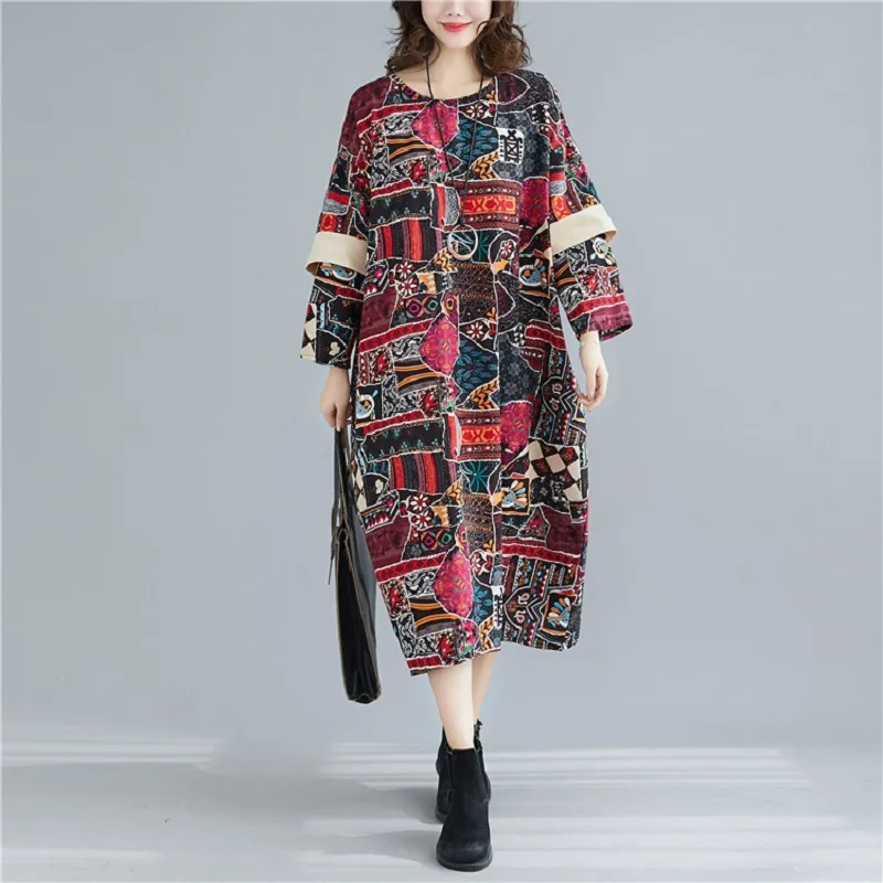 Длинный рукав размера плюс хлопок лен винтажное цветочное женское повседневное