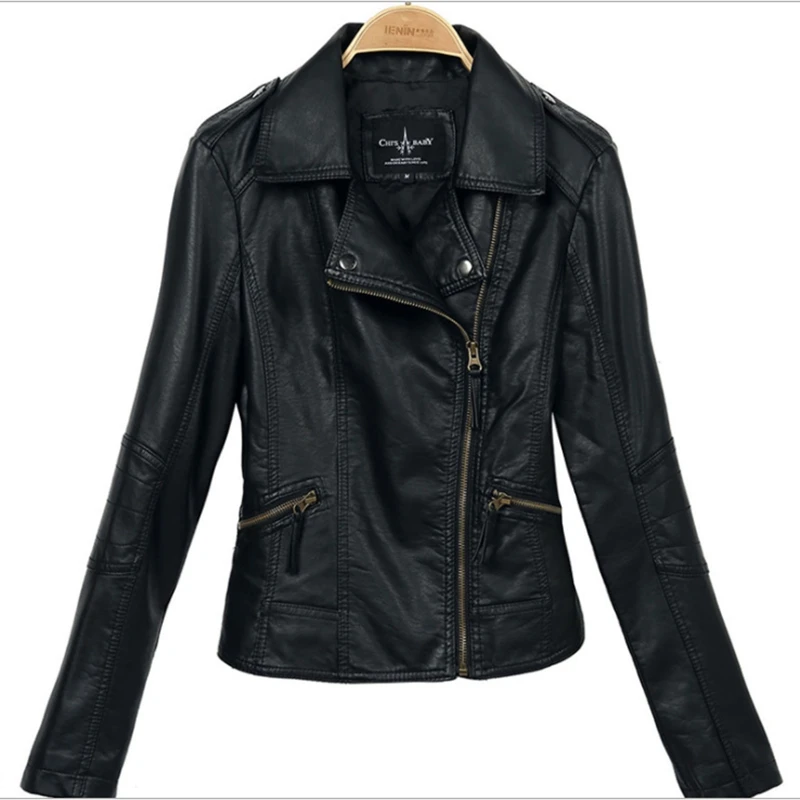 

New Spring Autumn Women's Moto Son of chaos Biker Zipper Jacket Turn Down Collar Black PU Faux Leather Jacket Slim Lady top