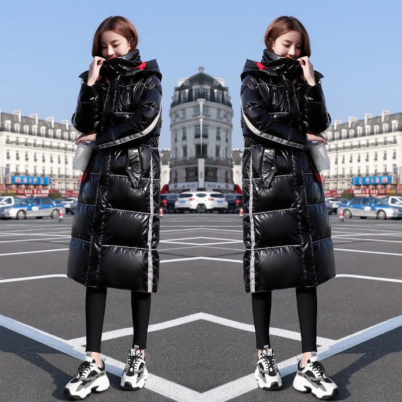 

Thick Warm Parka Coat Women Over Knee Long Down Jacket Winter White Duck Down Coat Female Hooded Black Glossy coat large jackets