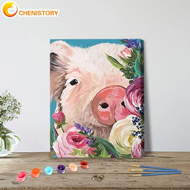 

CHENISTORY Paint By Number Pig Animal Drawing On Canvas Gift Diy Pictures By Numbers Flower Kits Handpainted Paintings Art Home