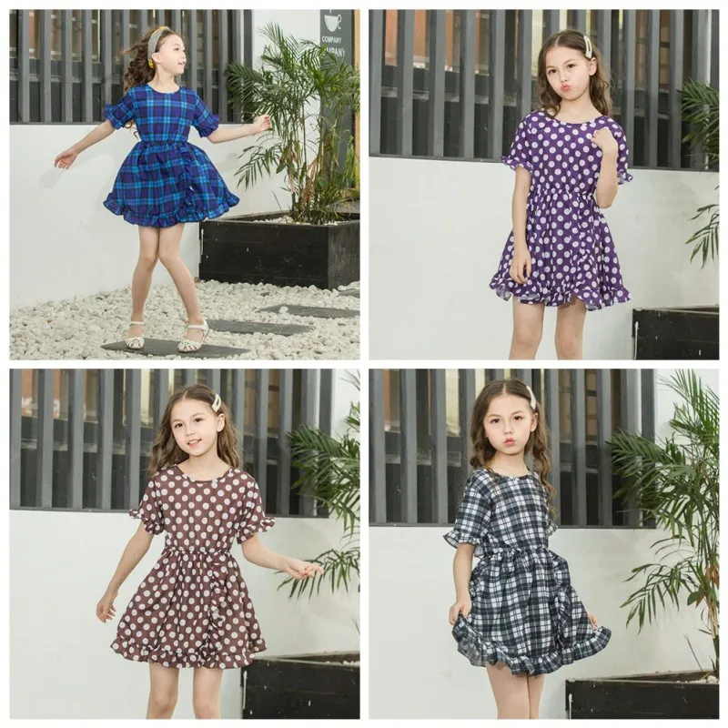 Летнее хлопковое клетчатое платье принцессы в горошек с оборками и рукавами