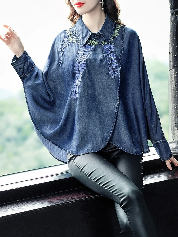 TIYIHAILEY Free Shipping 2022 New Fashion Cotton Denim Shirts For Women Full Batwing Sleeve Blouses Topsd Vintage Embroidery