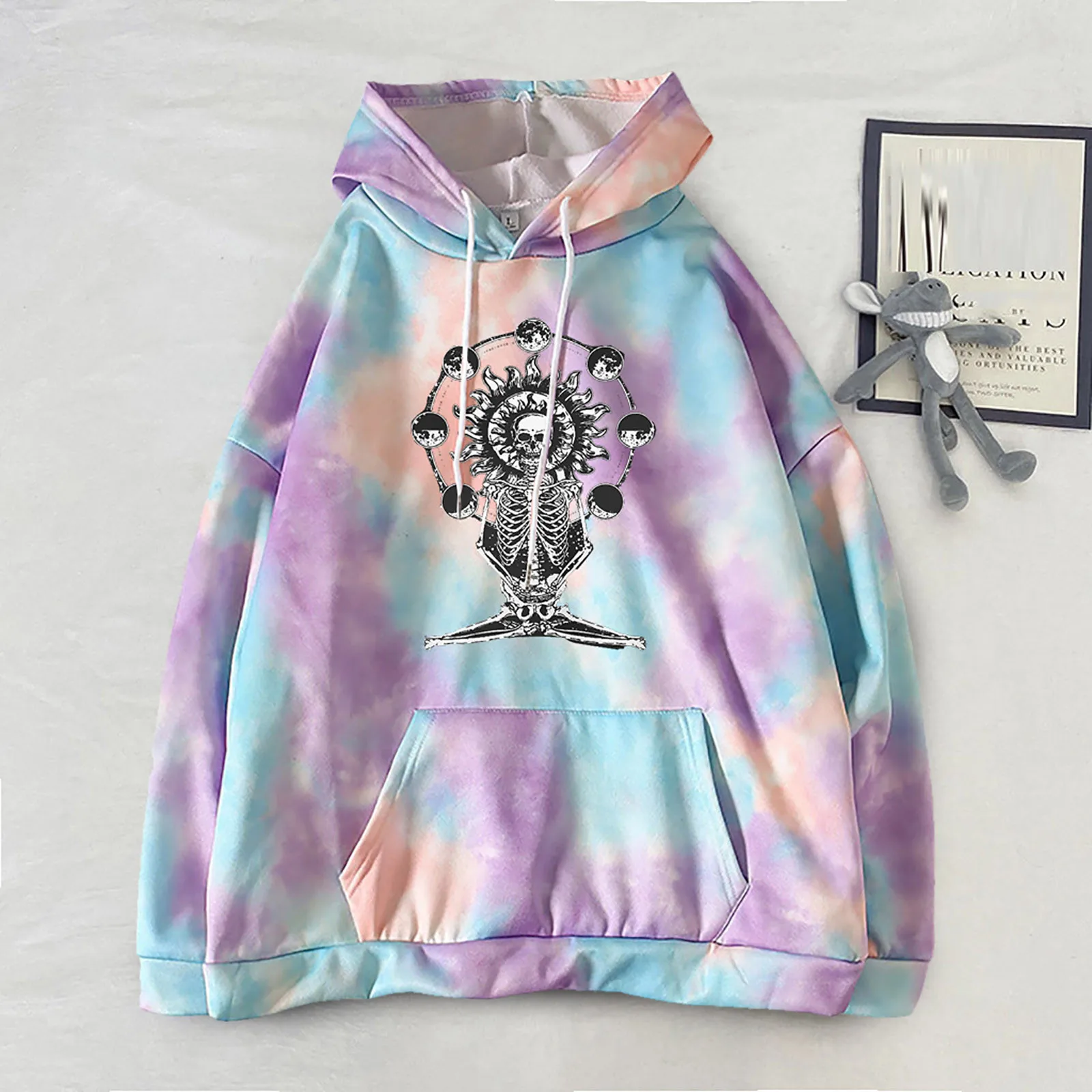 

Толстовка женская оверсайз с принтом, свитшот с принтом Tie-dye, с медитацией, черепом, скелетом, Осенние Топы с длинным рукавом