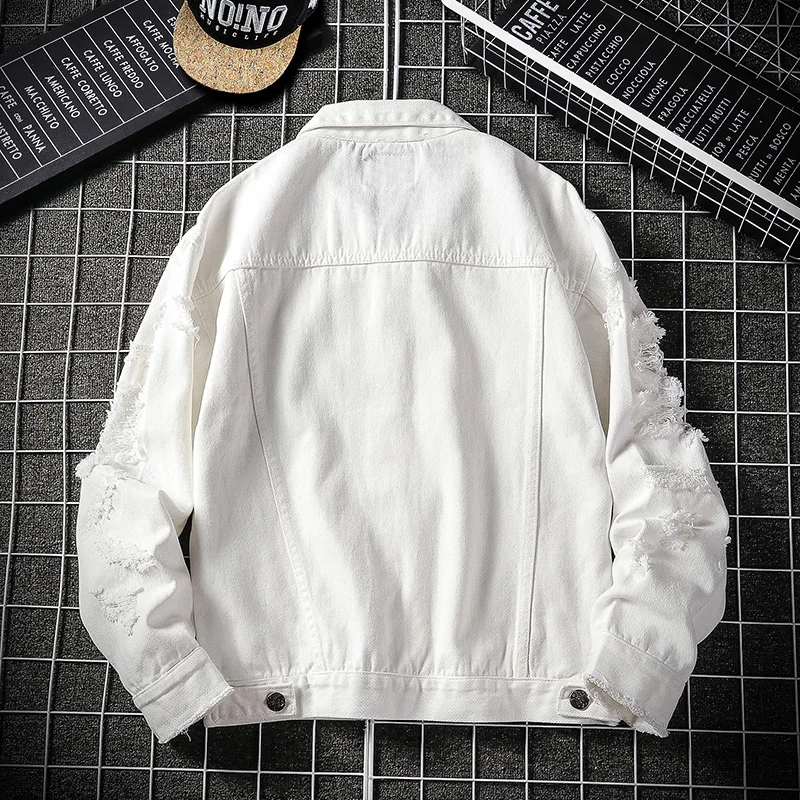 Джинсовая куртка с дырками однотонная Свободная Повседневная Уличная рваная из