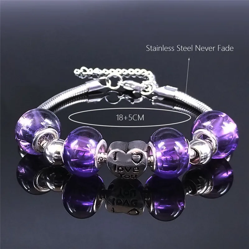 

AFAWA Heart Love Purple Glass Stainless Steel Chain Bracelet for Women Silver Color Bracelets Jewelry pulseira feminina BXS01