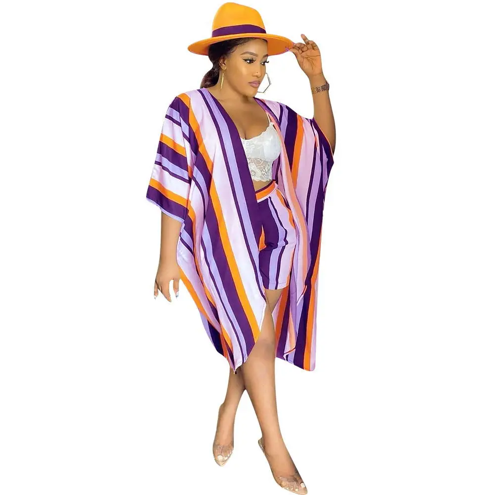 

Adogirl Women Summer Casual Beach Suits Striped Open Stitch Cloak Cardigan And Shorts 2 Pieces Set Fashion Boho Ladies Outfits