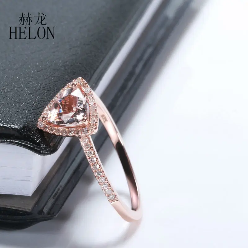 

HELON Solid 10k Rose Gold 6x6mm Trillion Cut 0.85ct Natural Morganite Diamonds Engagement Ring Women Fine Jewelry Halo Setting