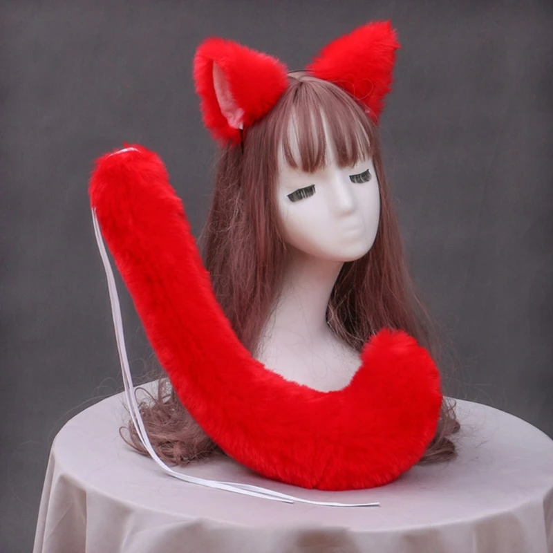 

Japanese Anime Halloween Cosplay Costume Set Solid Color Faux Fur Kitten Wolf Ears Headband with Plush Animal Long Tail M24 21