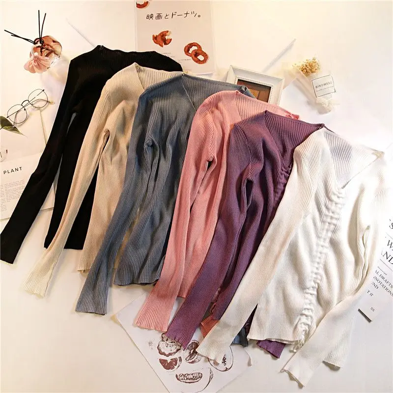 

Autumn And Winter Sweater Slim Long Sleeve Pullover Sweater Solid Color V-neck Drawstring Knit Top