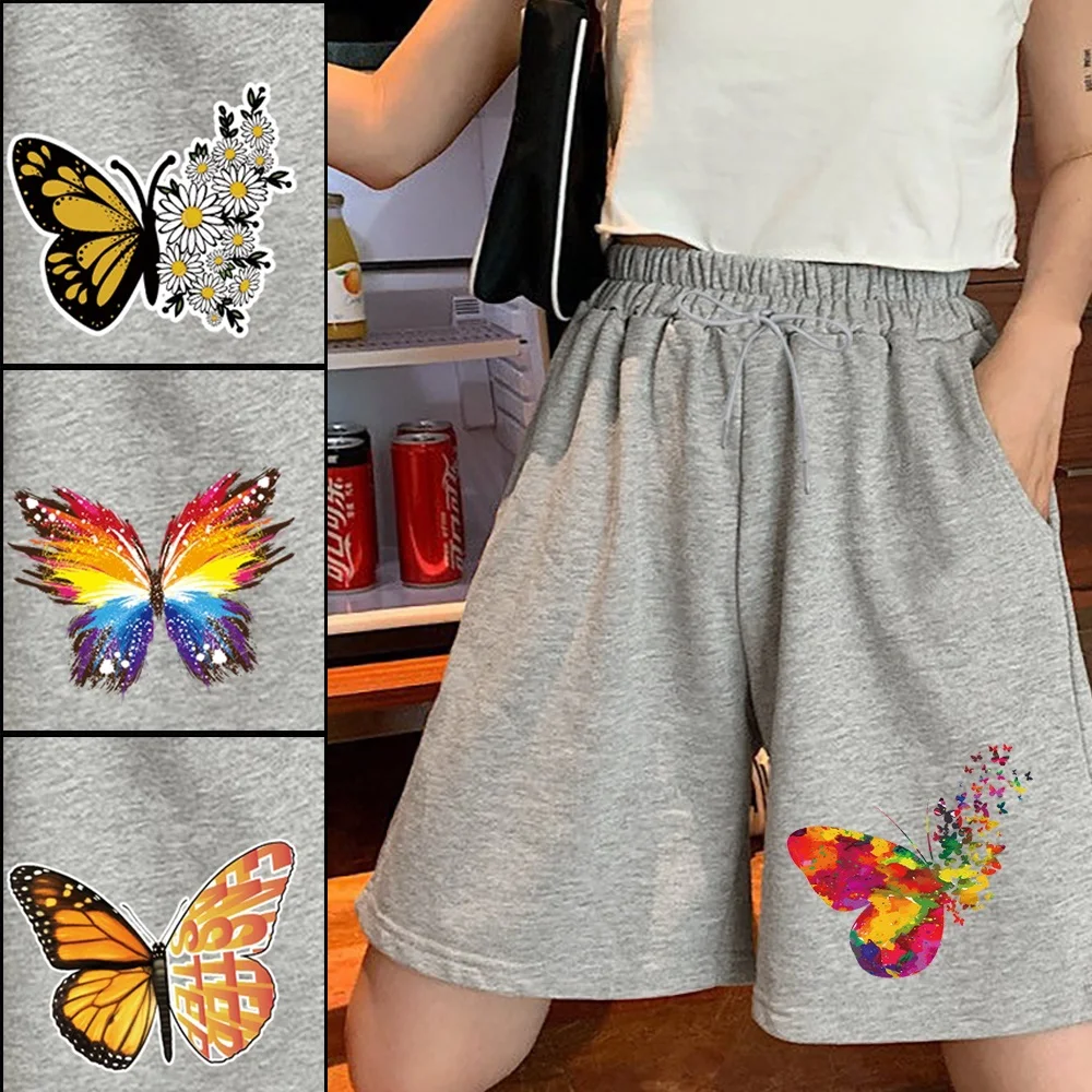 

Шорты женские повседневные с завышенной талией, модные серые пляжные короткие штаны с принтом бабочки, женская одежда, лето 2022