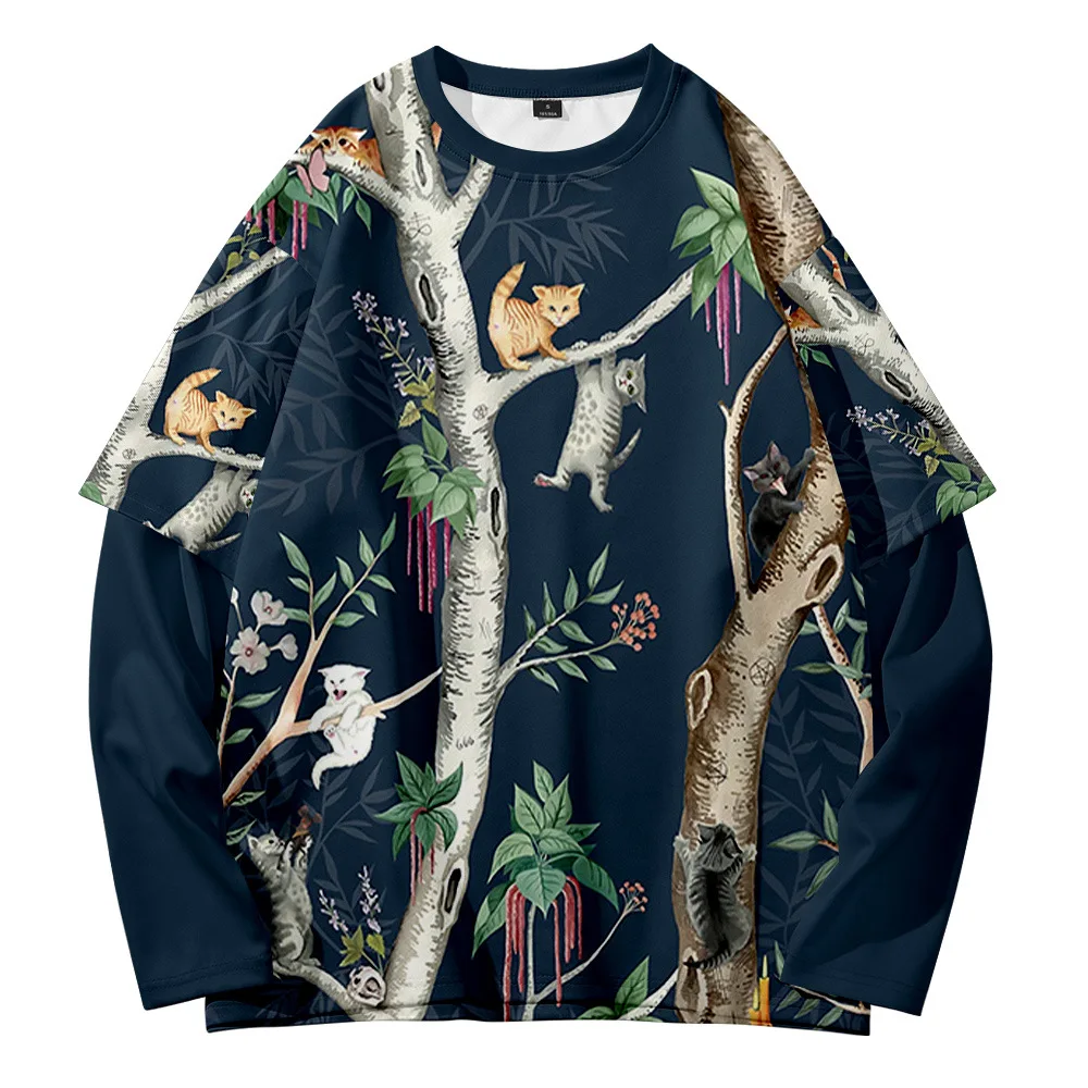 

Cat and tree stitching retro trend street shooting summer leisure fake two round neck sweater