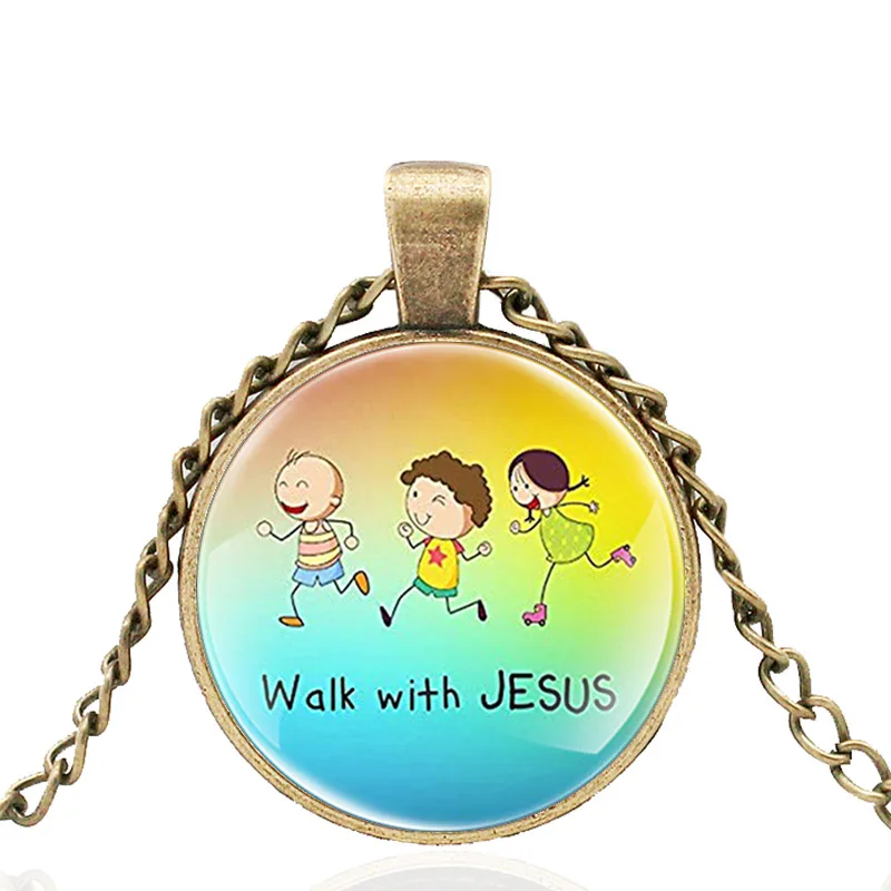 

Vintage Bible Verse "Walk with JESUS " Design Glass Dome High Quality Pendant Necklace Men Women Jewelry Gifts