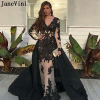 janevini arabic women mermaid evening dresses with detachable long sleeves beaded black lace illusion dubai formal ceremony gown