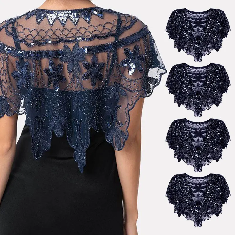 Navy blue shawl Gatsby вечерние накидка, расшитая бисером винтажные 1920s шаль Короткая Свадебная обертка арт-деко Блестки из бисера вечерняя накидка Болеро флаппер накидка летняя накидка - Цвет: Navy blue shawl