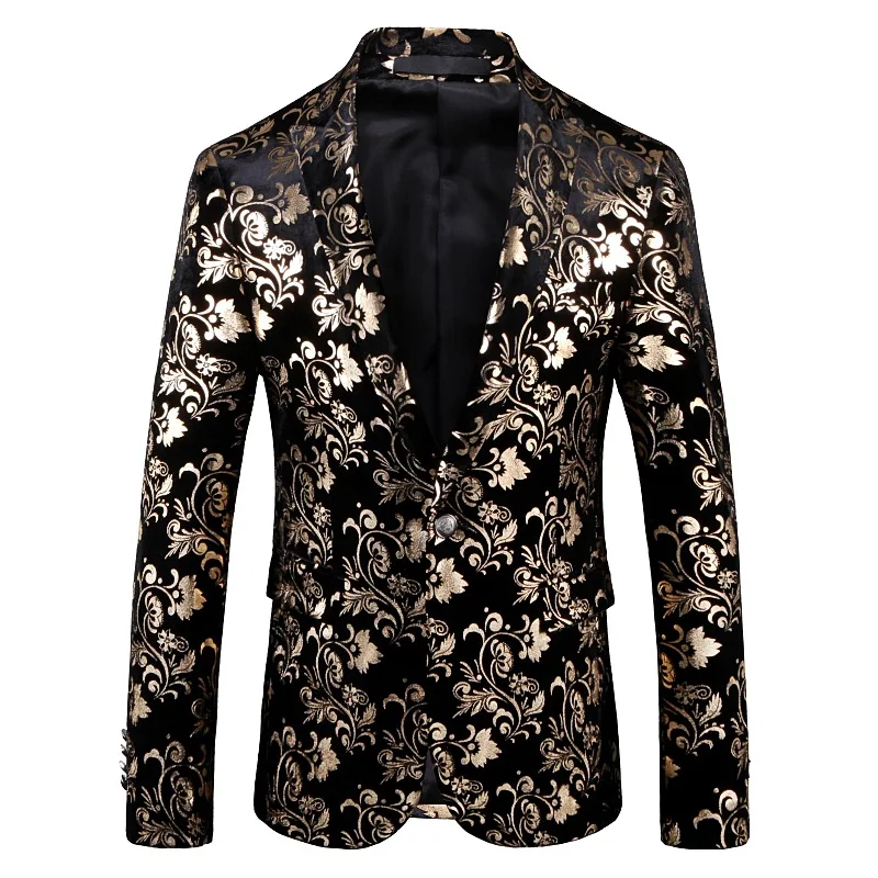 Blazers Slim Casual Men Fashion Gold Print Stage Costume Singer Host Musician Dancer Casual Business Party Prom Jacket Banquet