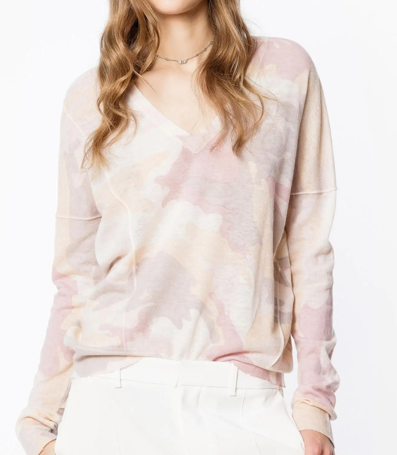 Cashmere 100% Women V Neck Camouflage Print Knit Sweater Pullover Top With Long Sleeve &amp Ripped Detail | Женская одежда