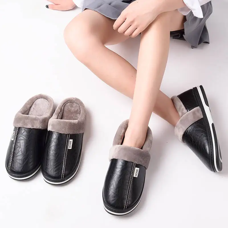 Плюшевые тапочки Мужская обувь Домашние мужские Водонепроницаемая кожаная