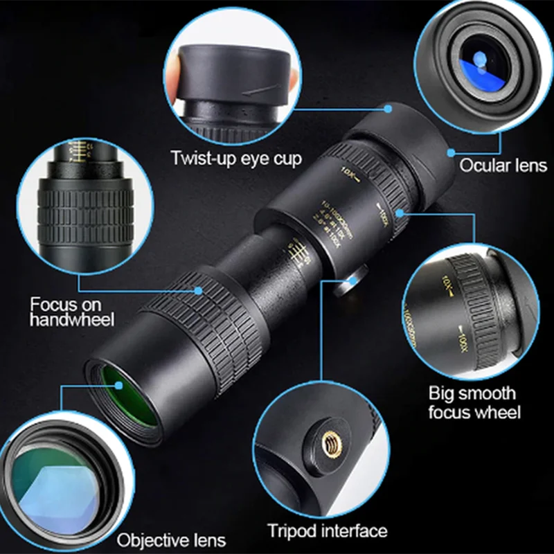 Новейший популярный монокулярный телескоп 4K 10-300x40 мм с супертелефото и зумом для