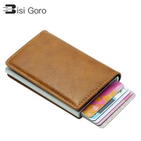 bisi goro id bank card case metal protection purse for women anti rfid blocking mens credit card holder leather small wallet