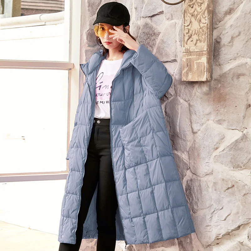 

Cotton Coat Female Winter New Plus Size Long Section Korean Long-sleeved Solid Color Loose White Duck Down Over The Knee Coat W1