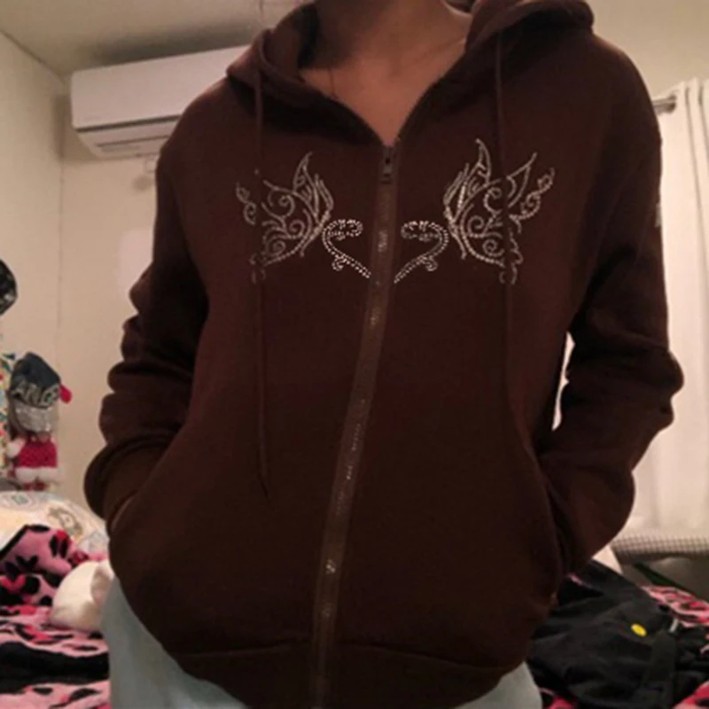 

WeiYao Diamond Preppy Style Brown Sweatshirts Autumn Winter Fashion Lantern Sleeve Jackets Women Zip Up Vintage Casual Hoodies