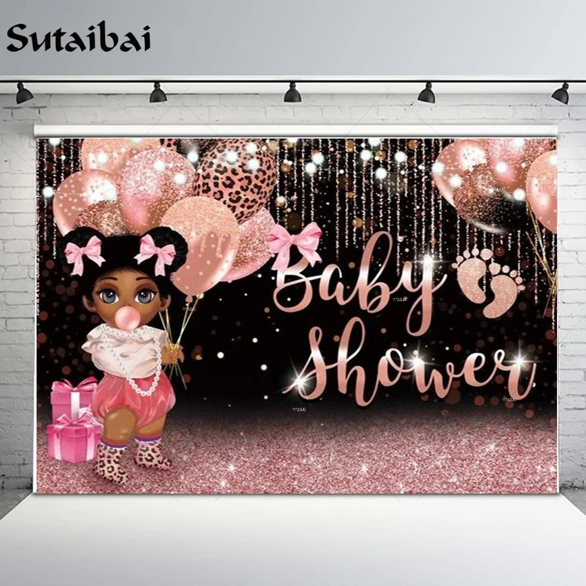 

Baby Shower Backdrop Cute African American Girl Rose Gold Balloons Party Props Custom Decor Background Photography Photo Studio