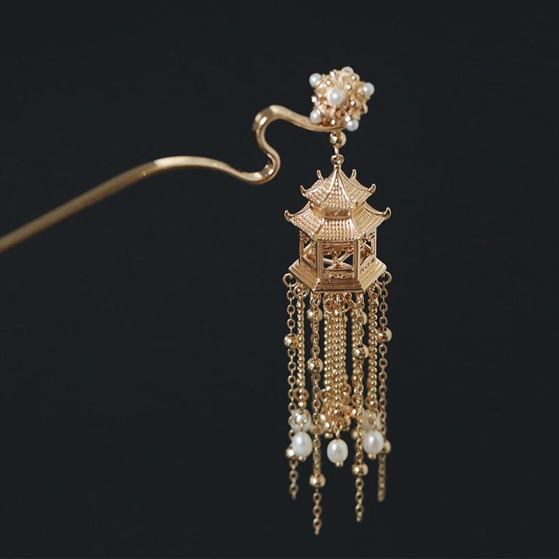 

Vintage Chinese Hanfu Tiara Pavilion Hair Stick Women Hair Accessories Long Tassel Headpiece Hairpin Women Hair Jewelry