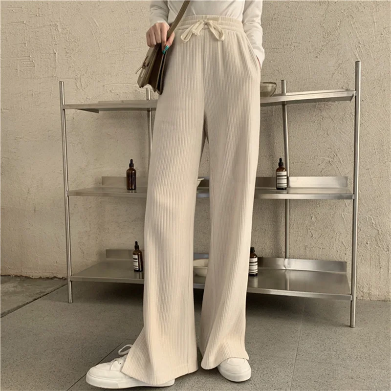 

Black Corduroy Pants Women Drawstring Pleated Sweatpants with Pockets High Waist Wide Leg Pant Casual Loose Trousers FC607