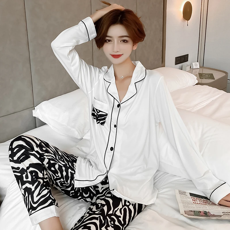 

White Colour Sleepwear Set Women's Pajamas Cotton Long Sleeve Ladies Pijama Sets Homewear Young Girl Lounge Wear Pyjamas